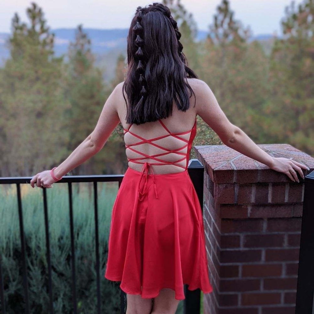 red spaghetti strap homecoming dress
